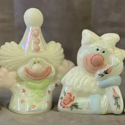 Fenton Iridescent Glass Hand Painted Clown Figurines