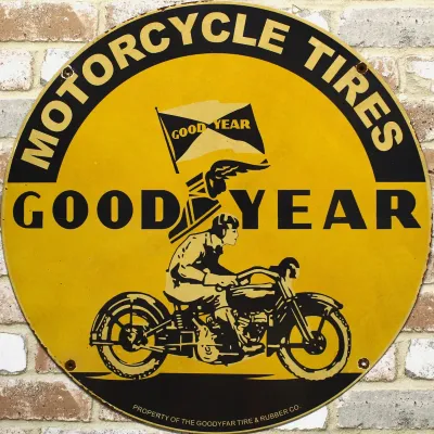 Sale Photo Thumbnail #45: 24" Goodyear Motorcycle Tires Porcelain Sign