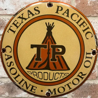 Sale Photo Thumbnail #48: 12" Texas Pacific TP Gasoline Motor Oil Porcelain Sign