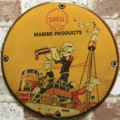 Sale Photo Thumbnail #52: 12" Shell Marine Products Popeye And Olive Porcelain Sign