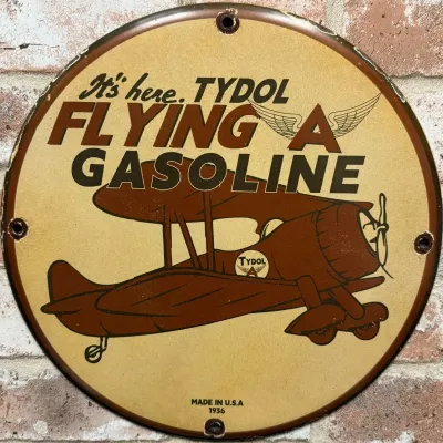 Sale Photo Thumbnail #47: 12" Tydol Flying A Gasoline 1936 Aviation Porcelain Sign