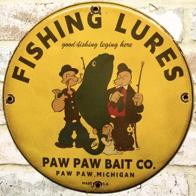 Sale Photo Thumbnail #53: 12" Paw Paw Bait Co Fishing Lures With Popeye Porcelain Sign