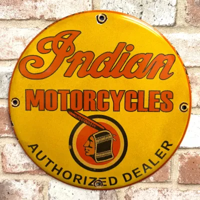 Sale Photo Thumbnail #30: 12" Indian Motorcycles Authorized Dealer Porcelain Sign