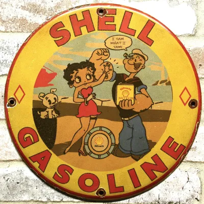 Sale Photo Thumbnail #33: 12" Shell Gasoline With Betty Boop And Popeye Porcelain Sign
