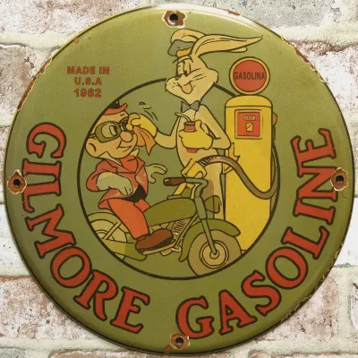 Sale Photo Thumbnail #36: 12" Gilmore Gasoline Bugs Bunny And Elmer Fudd Porcelain Sign