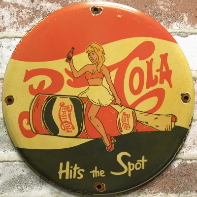 Sale Photo Thumbnail #37: 12" Pepsi-Cola Pin-Up Hits The Spot Porcelain Sign