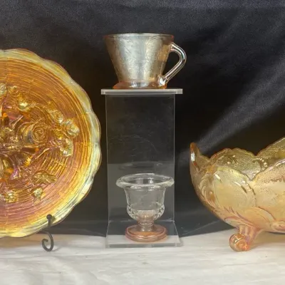 Vintage Marigold Carnival Glass Lot (Bowls, Pedestal Cup, and Tumbler)