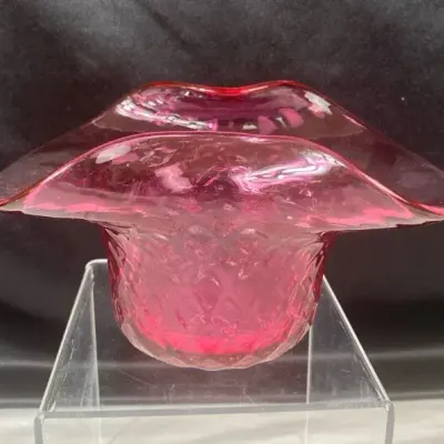 Vintage Hand Blown Cranberry Art Glass Folded Basket Bowl 