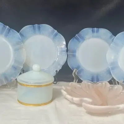 Vintage Blue and White Opalescent Glassware Lot (Plates, Covered Jar, and Dish)