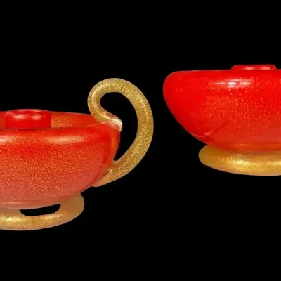 Vintage Murano Style Red Aventurine Art Glass Candlestick Holders (Pair)
