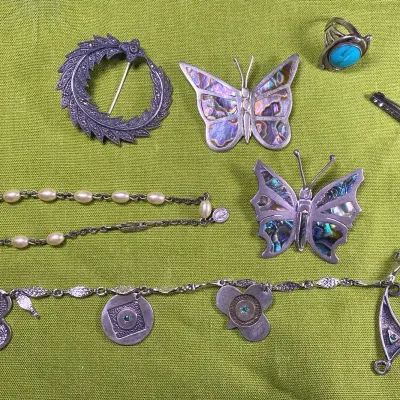 Sterling Silver Items, Including Charm Bracelet And Abalone Butterflies, Ring Is Size 6