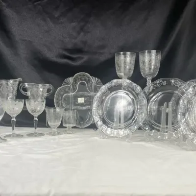 Vintage Assorted Etched Glass - Plates, Glasses And More 