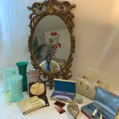 Boudoir Lot, Acrylic Purse, Glass Apothecary Jars, and Mirror