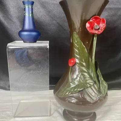 Vintage Art Nouveau Style Enameled Poppy And Small Glass Vase 