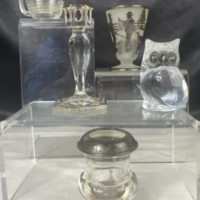 Collection Of 5 Vintage Glass  & Crystal Pieces w/ Silver Overlay& Accents 