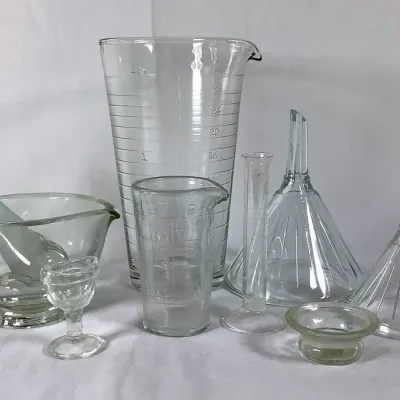 (9)Vintage Laboratory Glassware Collection, Funnels, Motar & Measures 