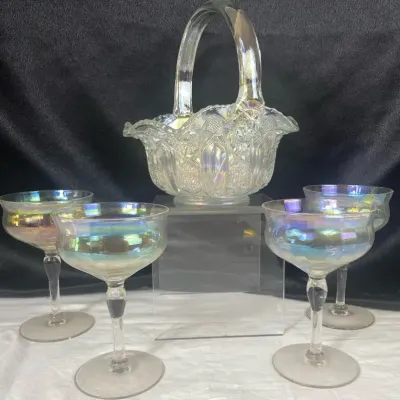 Vintage Pearl Iridescent Carnival Glass Basket and 4 Stemmed Cocktail Glasses Lot