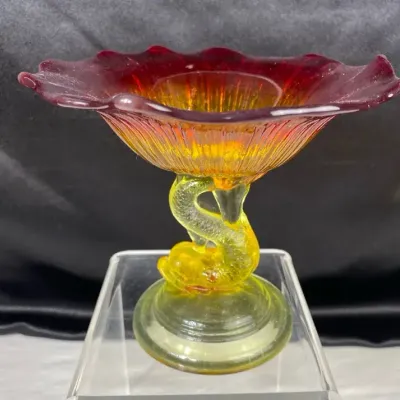 Vintage Amberina Dolphin Pedestal Candy Dish