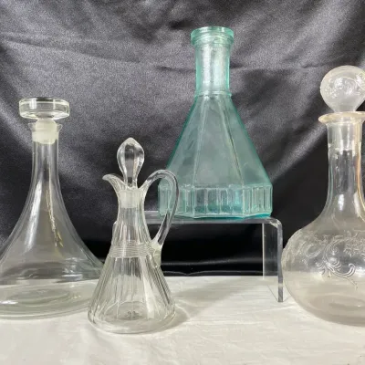 Vintage Clear and Teal Glass Decanters and Cruets Lot (4 Pieces)
