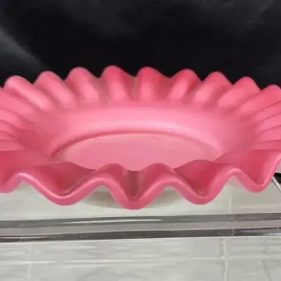 Vintage Pink Satin Ruffled Glass Candy Dish/Trinket Dish