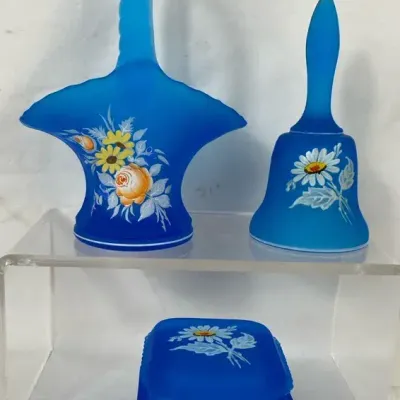 Vintage Westmoreland Blue Satin Glass - Hand Painted Basket, Bell and Covered Dish