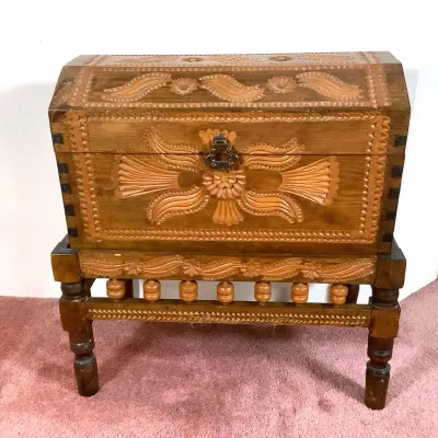 Hand Craved Wooden Dowry Chest with Stand