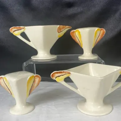 Vintage Vernon Kilns Chatelaine Creamer, Sugar, and Salt & Pepper Shaker Set