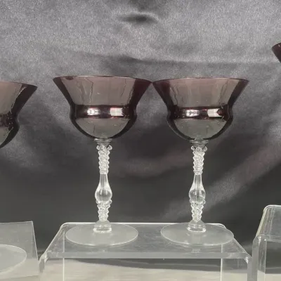 4 Vintage Amethyst Purple w/ Clear Molded Leaf Stem Glasses 