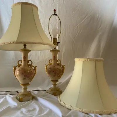 Hand Painted Urn Lamp Pair With Shades