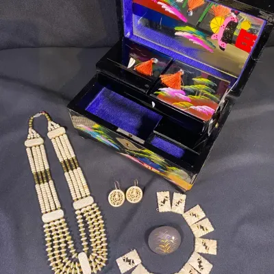Vintage Asian Style Carved Bone Jewelry And painted Laquerware Jewelry Box