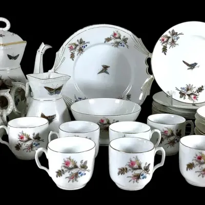 (29) Antique Hand colored Floral & Butterfly Transfer Ware