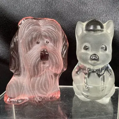 Vintage Viking Hand-Finished Frosted Glass Figural Pair: Dog & Dressed Pig