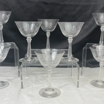 8 Fostoria Cynthia Etched Crystal Champagne Glasses 