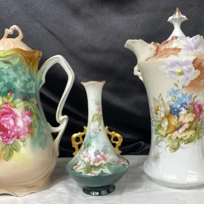 Victorian Floral Porcelain Pitchers and Vase Collection