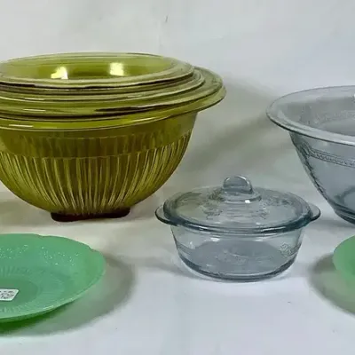 Vintage Hazel-Atlas Amber Ribbed Depression Glass Nesting Mixing Bowls Set & Fire-King Pieces