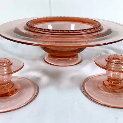 Vintage Pink Depression Glass Console Set (Footed Bowl & 2 Candlesticks)