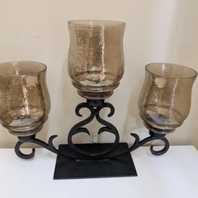 3-Light Metal Candelabra Centerpiece with Amber Glass Hurricane Shades