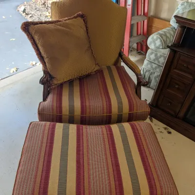 Pair of Striped Armchairs with Matching Ottomans and Accent Pillows