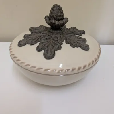 2-Tier Ceramic & Cast Iron Serving Stand with Covered Top Dish