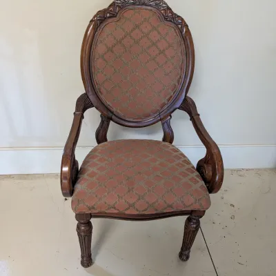 Ornate Carved Wood Armchair with Diamond Upholstery