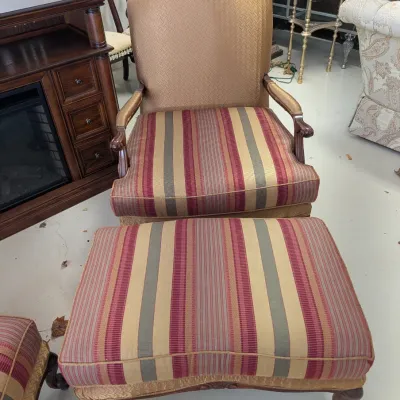 Pair of Striped Armchairs with Matching Ottomans and Accent Pillows