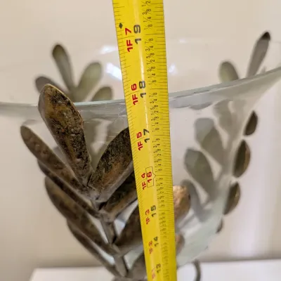 Decorative Glass Hurricane Vase in Wrought Metal Leaf Stand