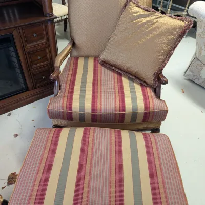Pair of Striped Armchairs with Matching Ottomans and Accent Pillows
