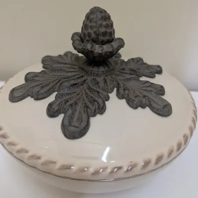 2-Tier Ceramic & Cast Iron Serving Stand with Covered Top Dish