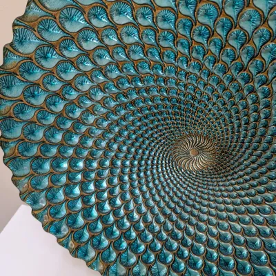 Large Iridescent Turquoise and Gold Glass Peacock Feather Pattern Charger Bowl #1