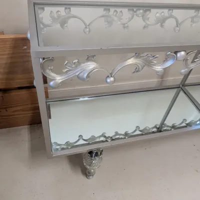 Silver-Tone Metal & Glass Console Table with Mirrored Lower Shelf