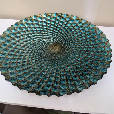 Large Iridescent Turquoise and Gold Glass Peacock Feather Pattern Charger Bowl #2