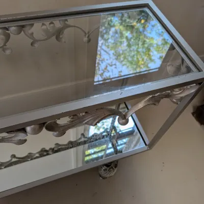 Silver-Tone Metal & Glass Console Table with Mirrored Lower Shelf