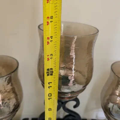3-Light Metal Candelabra Centerpiece with Amber Glass Hurricane Shades
