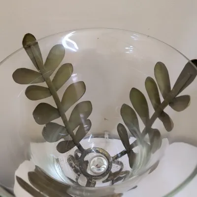 Decorative Glass Hurricane Vase in Wrought Metal Leaf Stand